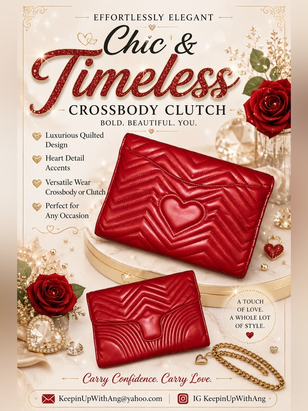 Chic & Timeless Red Fashion Quilted Crossbody Clutch